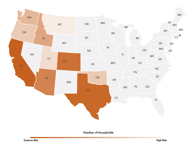 Top 10 states most at risk for wildfires: California, Texas, Colorado, Arizona, Idaho, Washington, Oklahoma, Oregon, Utah, Montana